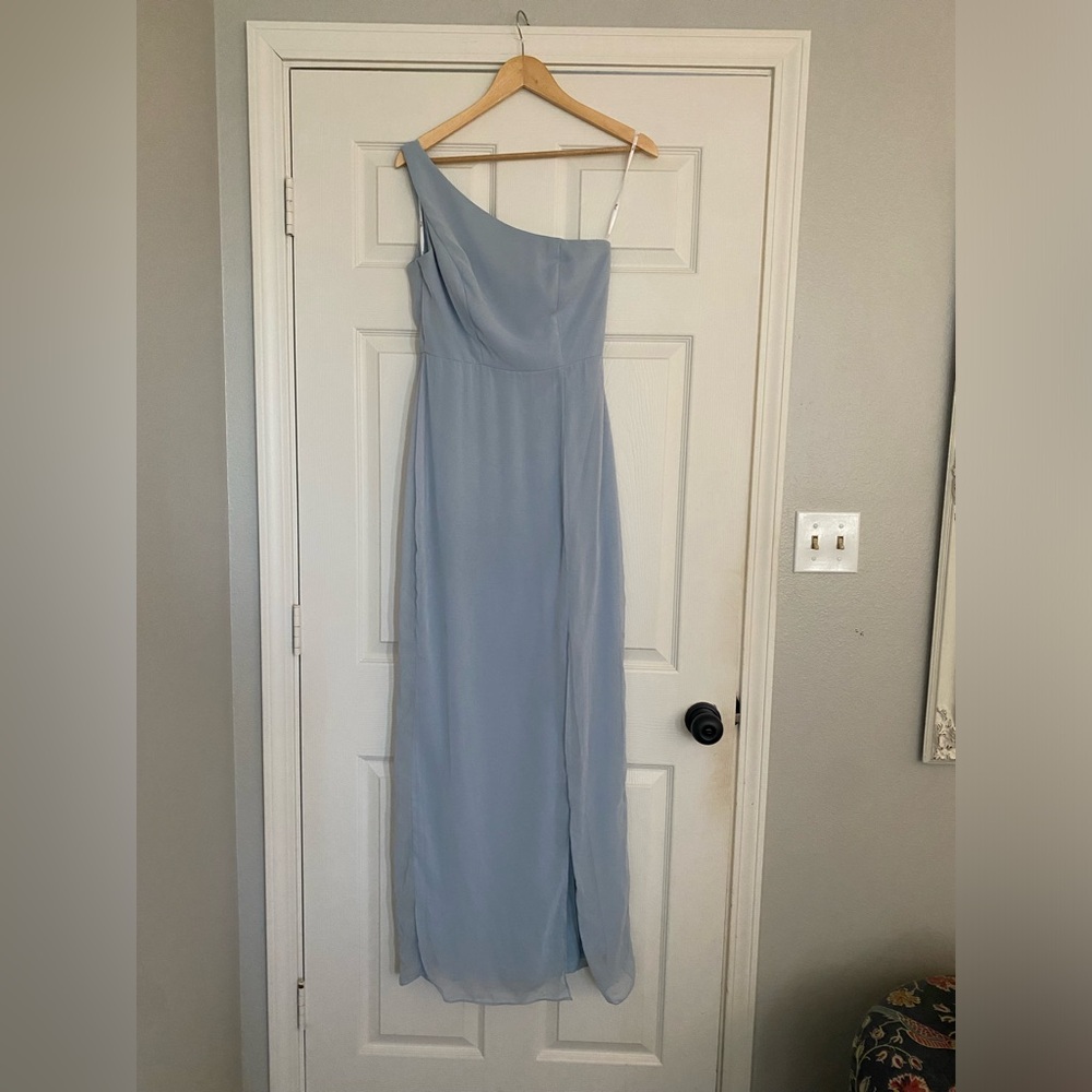 ONE SHOULDER TRUMPET GOWN IN MIST THREAD BRIDESMAID STYLE TH014 LUX CHIFFON SZ 4